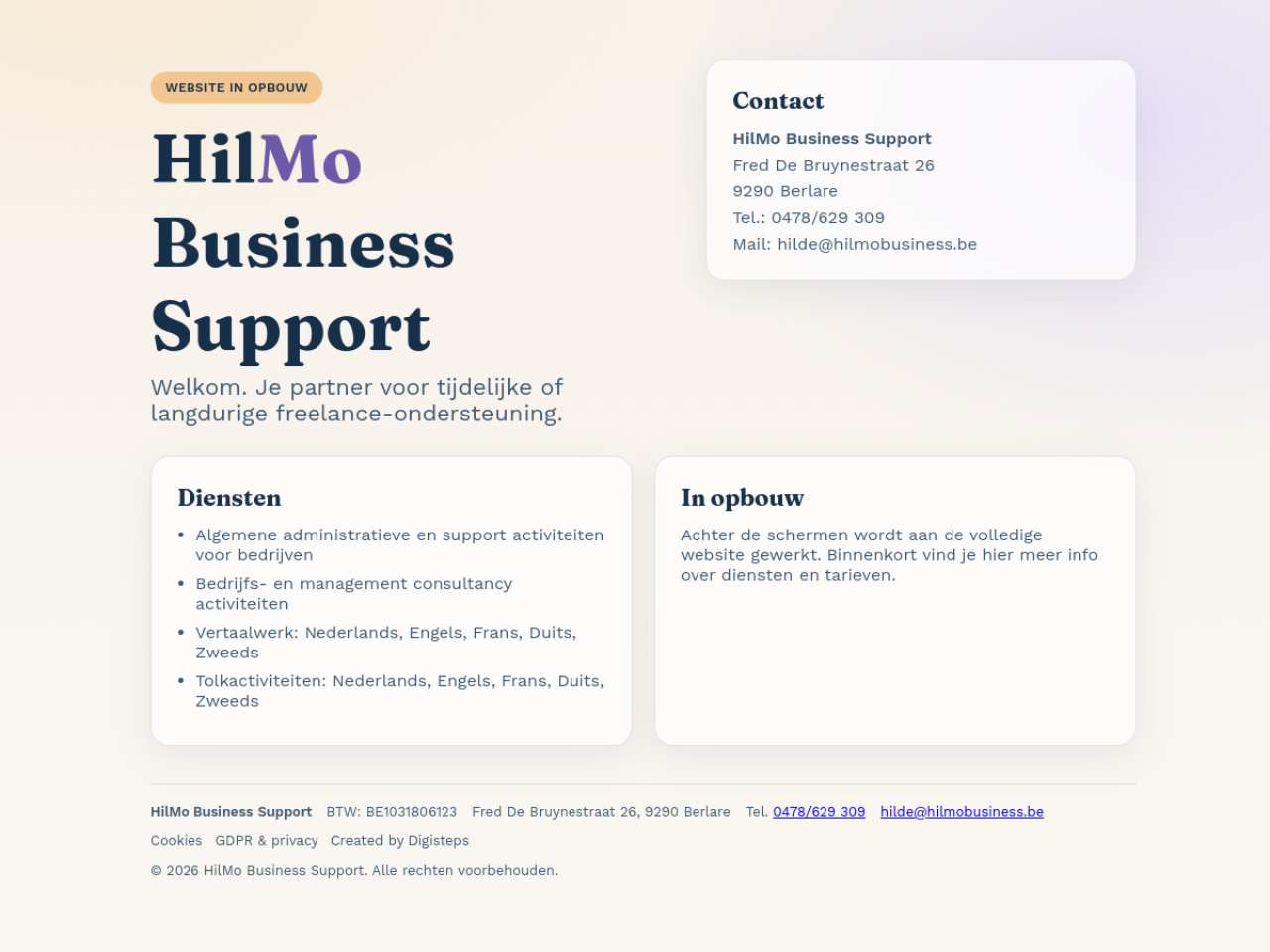 Screenshot HilMo Business Support - In opbouw